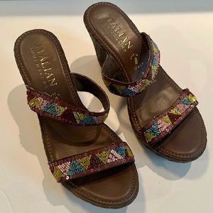 Like New- Italian Shoemakers- Wedge Sandals. Beaded multi color strap. Size 9